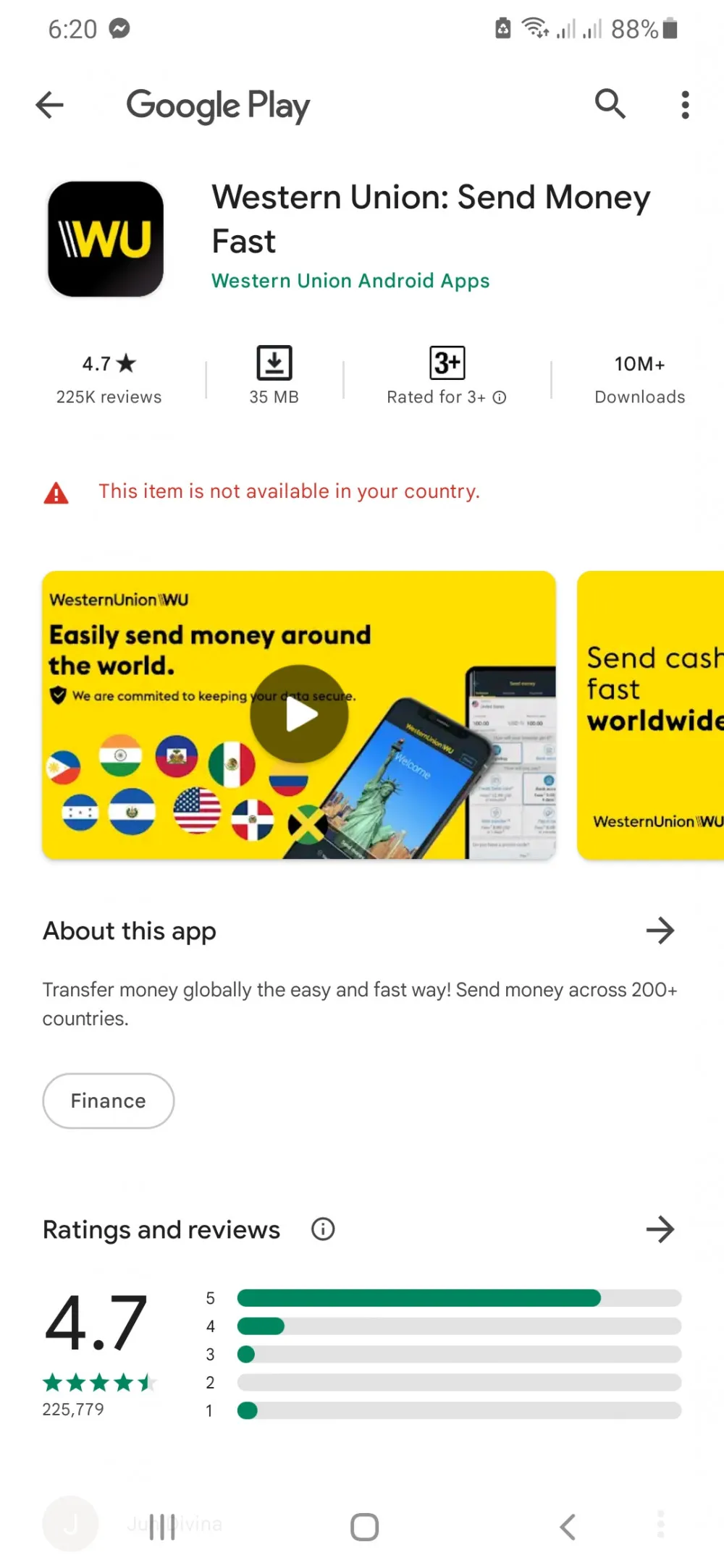 Western Union app not available in some countries